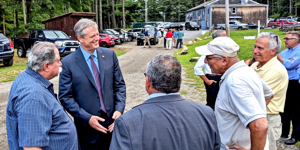 Governor Charlie Baker speaks with Massachusetts cranberry growers at Cape Cod Cranberry Growers' Association's 2018 Annual Meeting and Trade Show, image courtesy of CCCGA