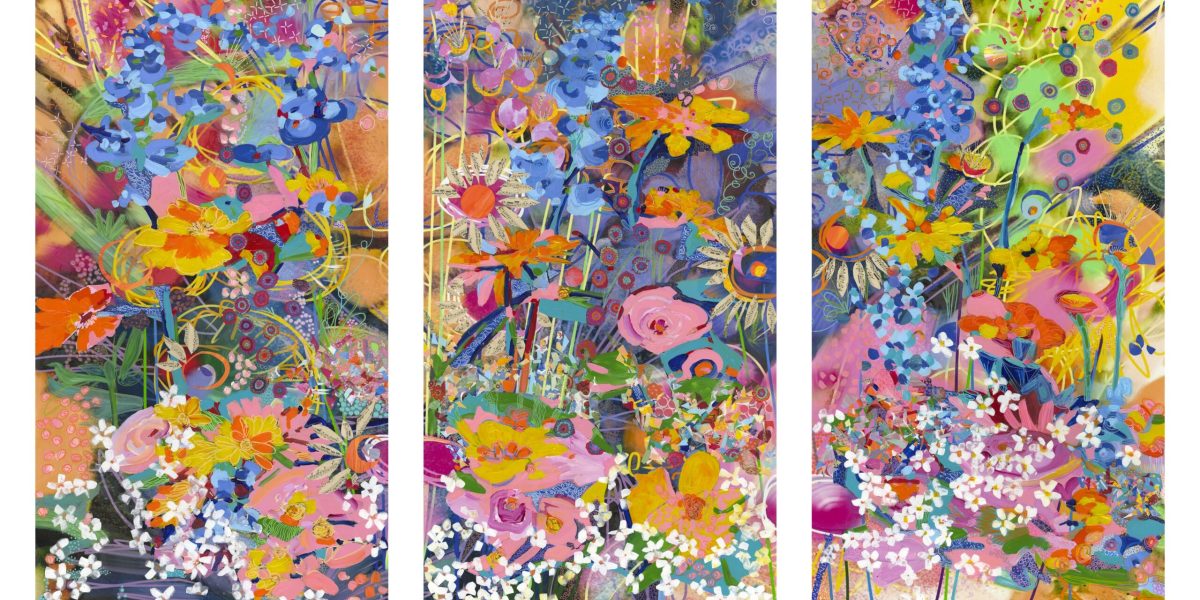 Marcia Ballou's 3-panel painting series "Garden Blast"